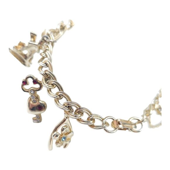 Multi Charm Shoe Heart Pearl Chain Bracelet Foldover Closure Gold Tone Vintage - Picture 4 of 6